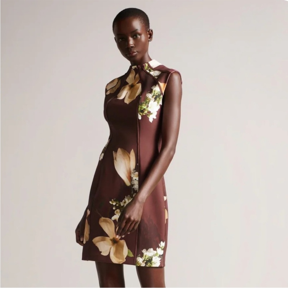 Ted Baker London Zassha High Neck Sheath Dress Brown Floral size 1 US4